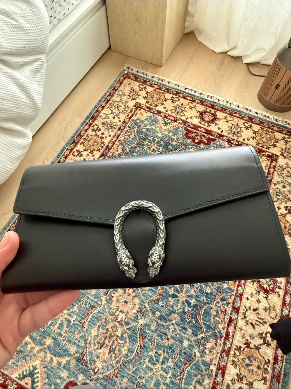 Black Leather Envelope Clutch with Silver Horsebit Accent